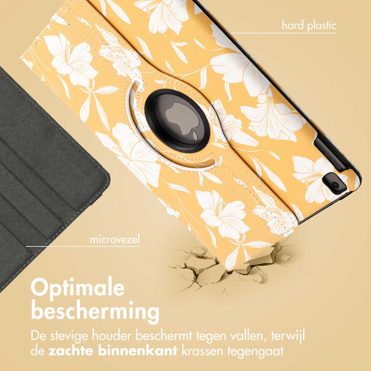 Tablet case with floral pattern, a 360 degree rotating stand, yellow color. Close up view.