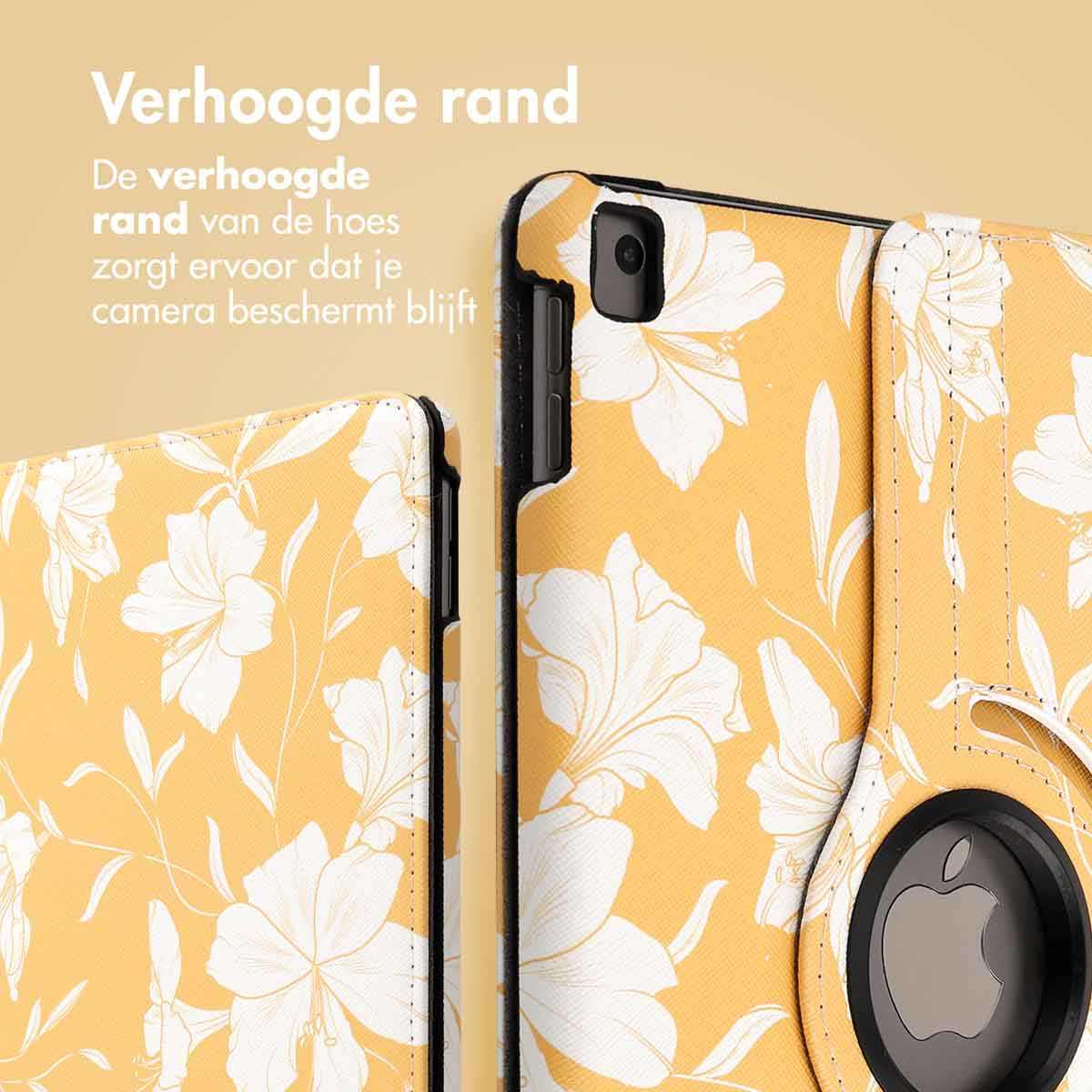 Tablet case with yellow floral design, open. The case protects the camera. Text: 'Raised edge'.