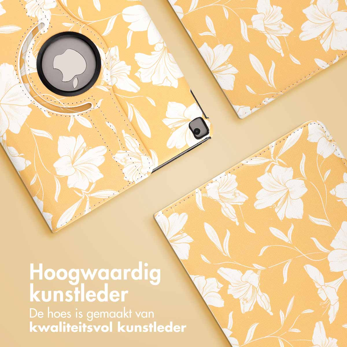 Yellow tablet case with white floral design. Close up view of the case. Text is in Dutch.