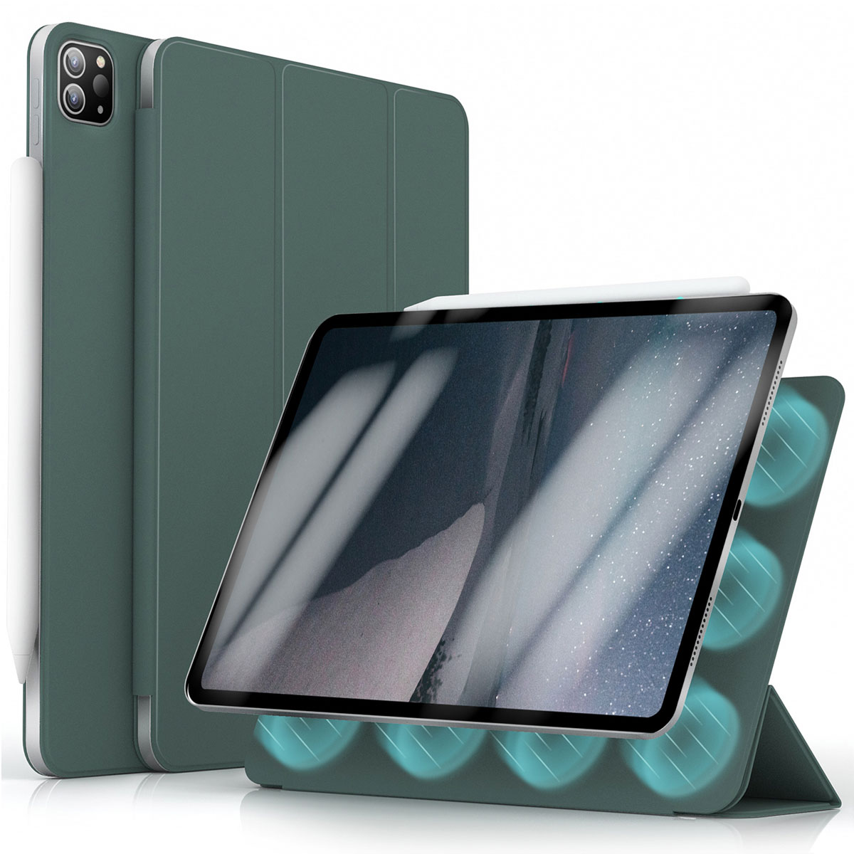 Groene tablethoes met tablet erin. Tablet heeft pen en standaard. Witte achtergrond.