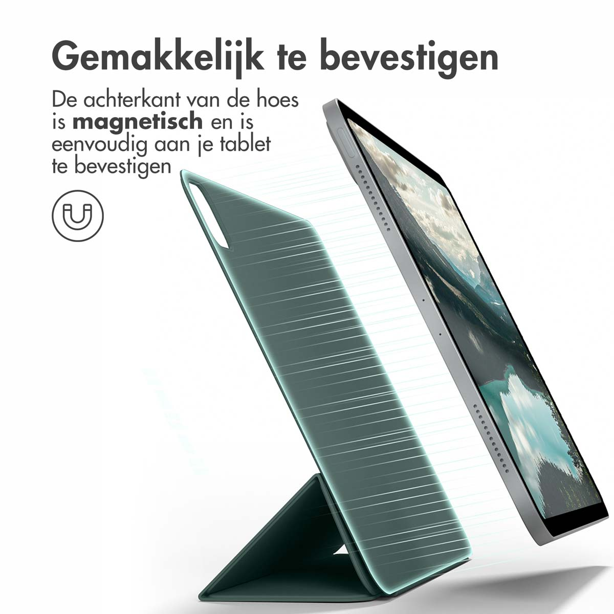 Tablet and teal case, with a magnetic attachment. White background, with text above.