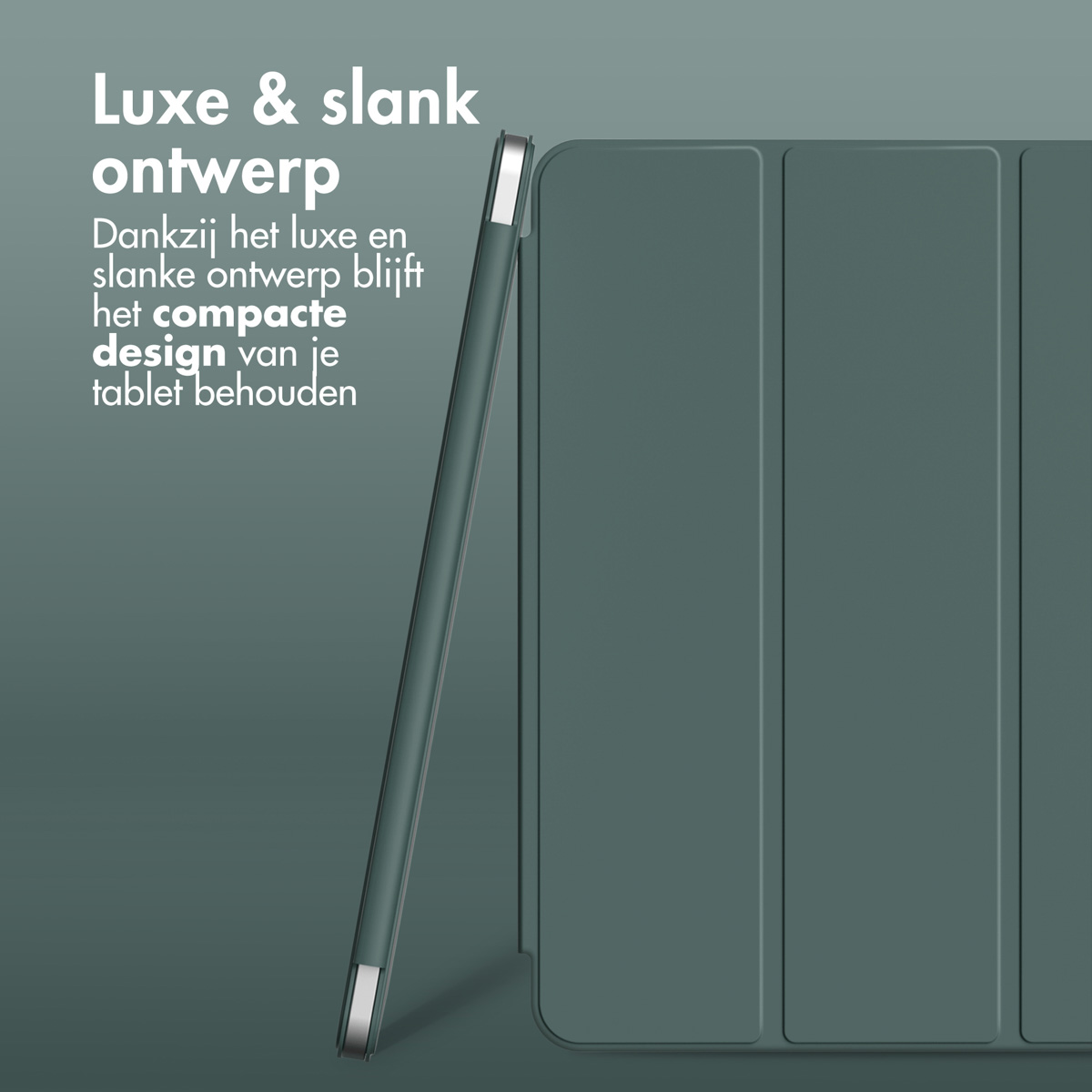 Tablethoes met een slank ontwerp. De hoes is groen met zilveren randen.