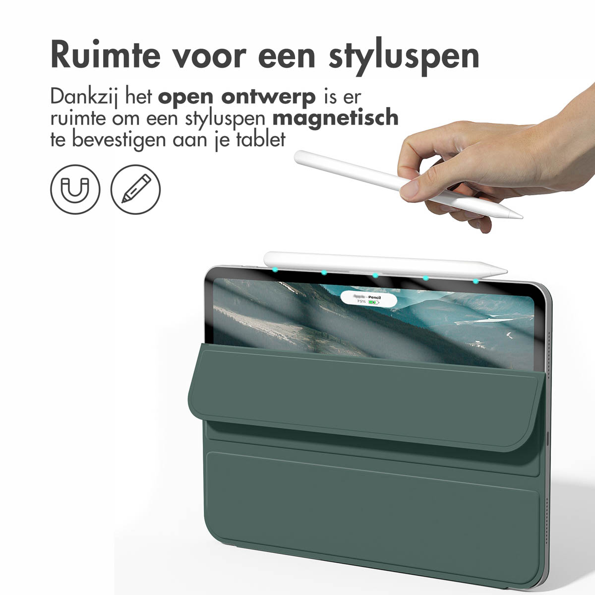 Groene tablethoes met styluspen. Een hand houdt de pen boven de tablet.