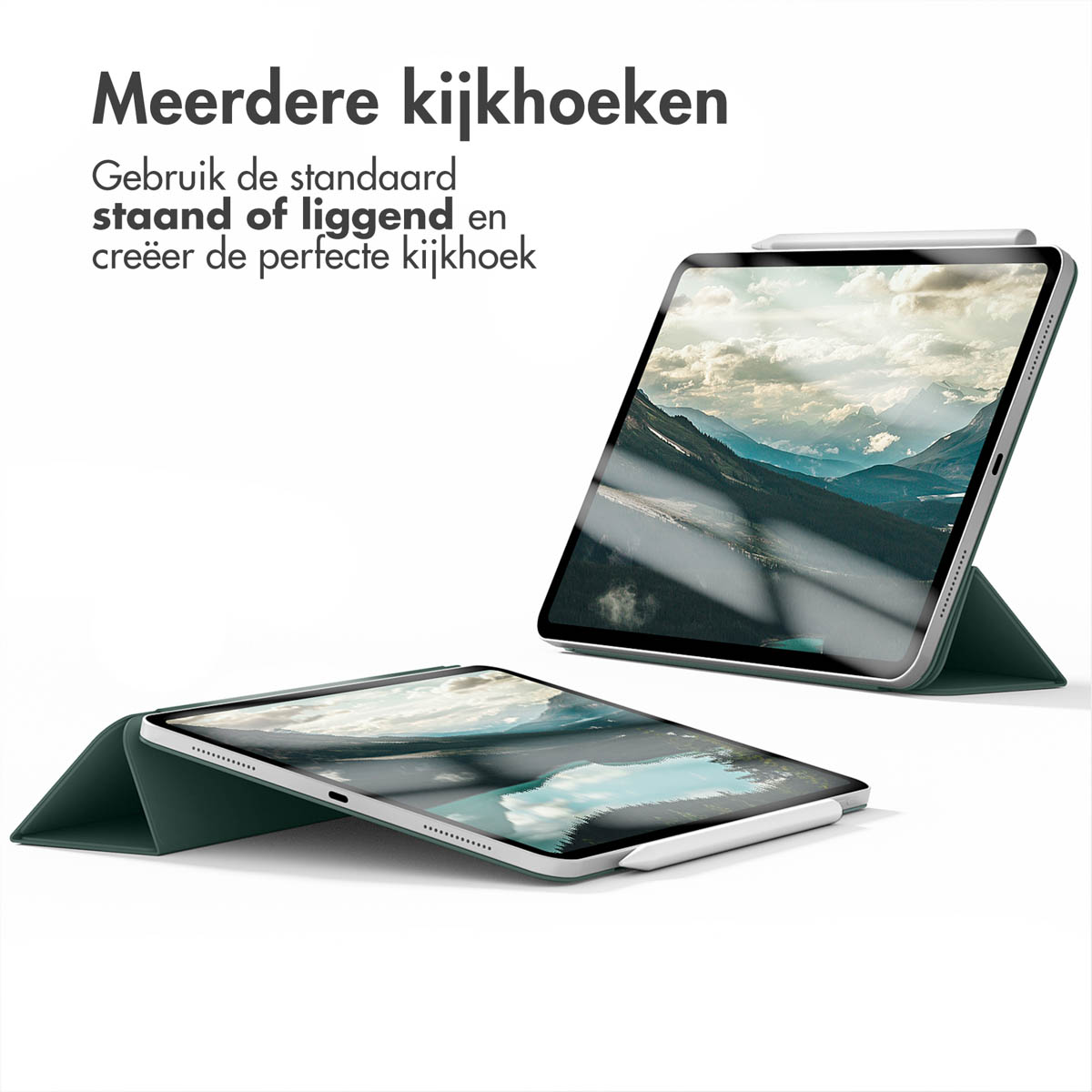 Tablet in een groene hoes, in twee posities. Eén plat en één omhoog, met een pen.