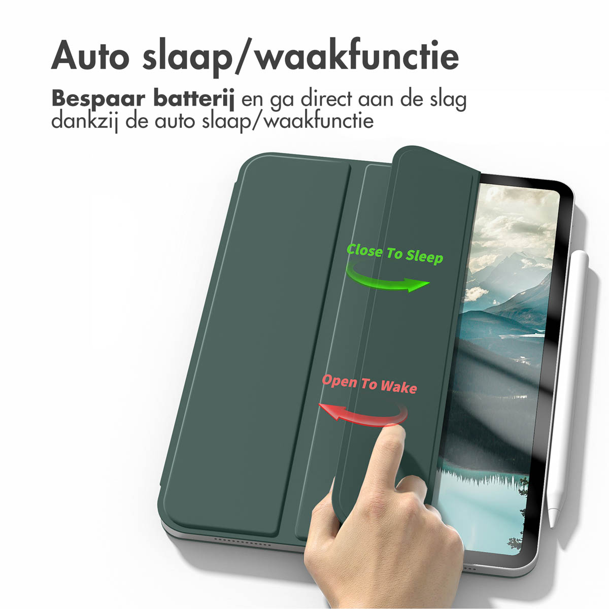 Tablethoes met automatische slaap/wake-functie. De tablet toont de woorden slaap en wake. Tekst is in het Nederlands.