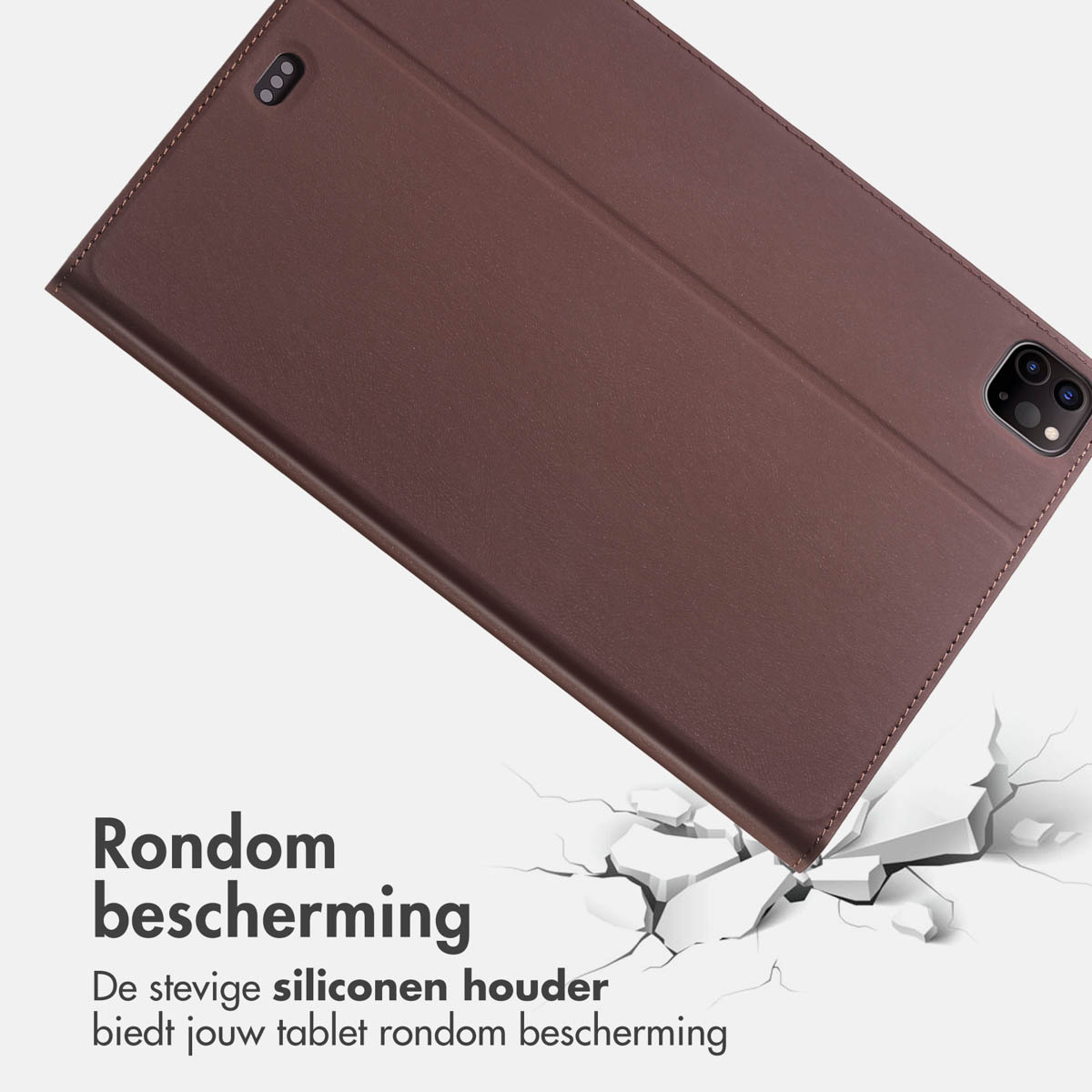 Brown tablet case, closed. It is on a white surface, with cracks forming.