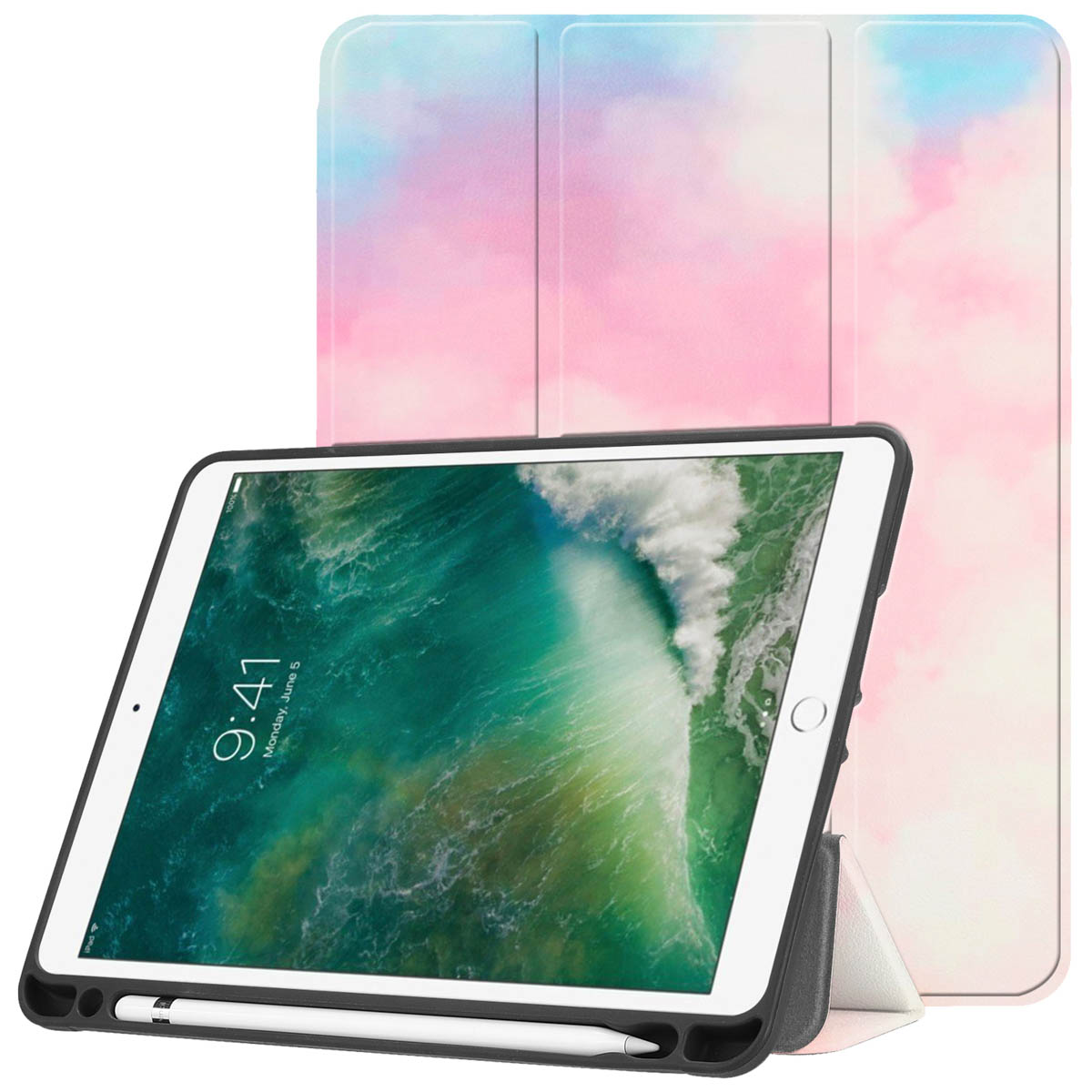 Tablet met een waterverf hoes. De hoes is open en toont de tablet en een potlood.