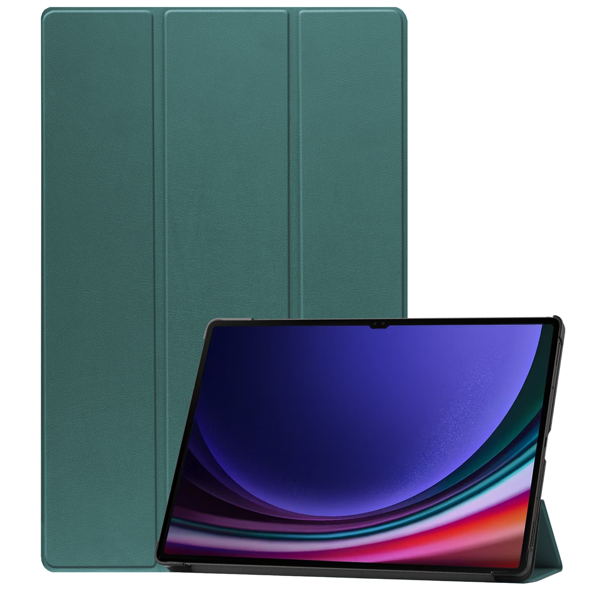 A teal tablet case stands open, showing a tablet with a colorful abstract screen.