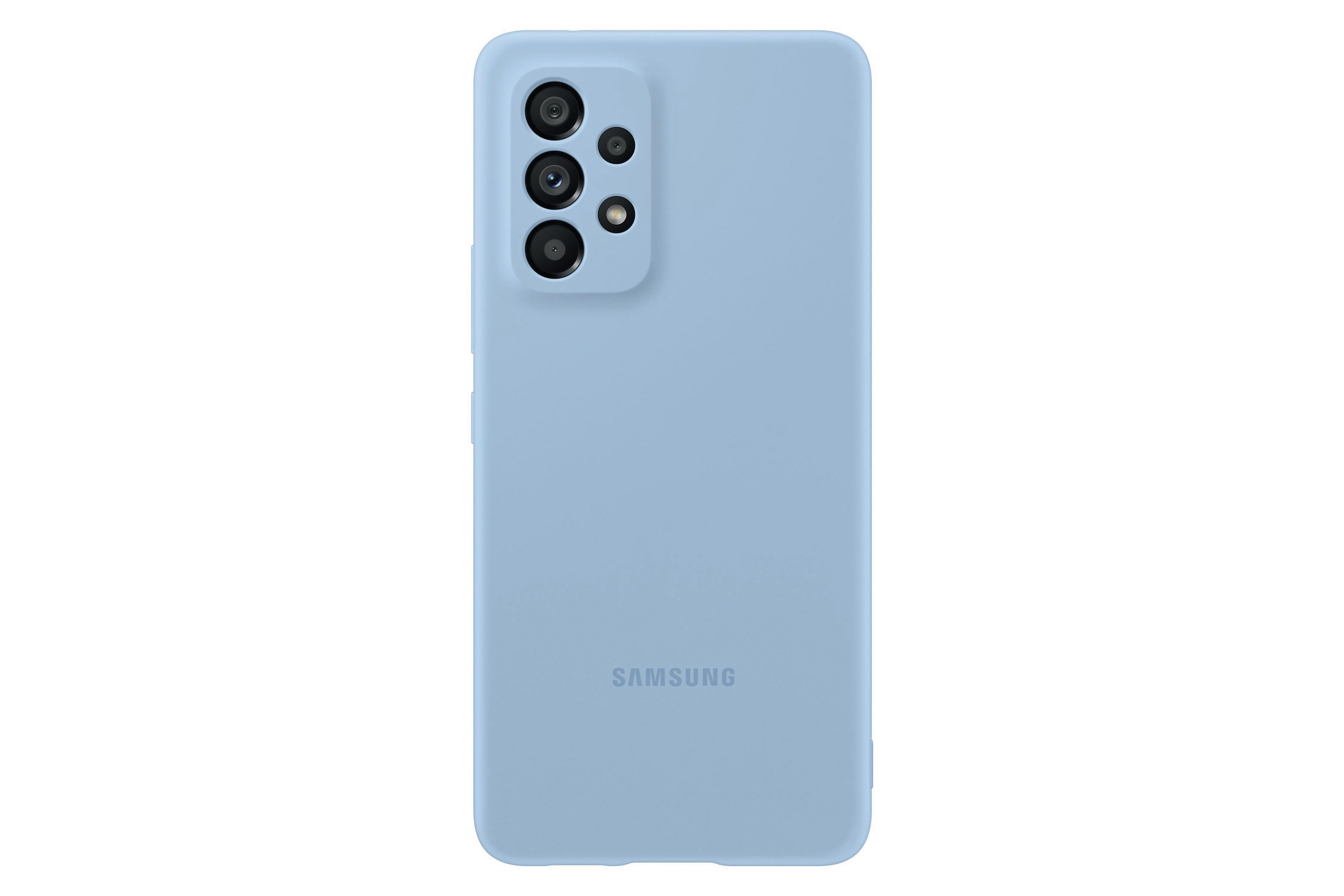 Custodia azzurra per telefono con fori per fotocamera e logo Samsung su sfondo bianco.