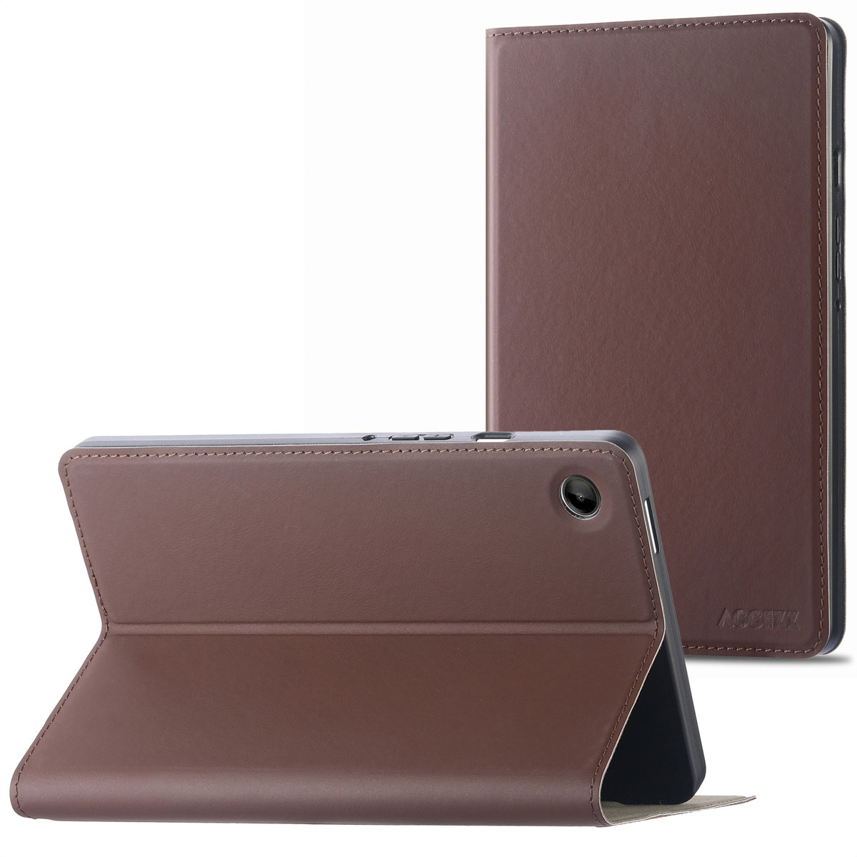 Brown tablet case. The front is open. A tablet is inside. The background is white.