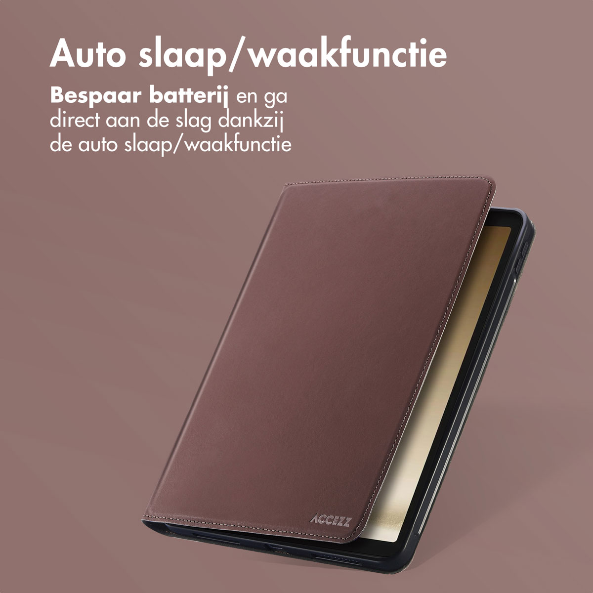 Brown leather tablet case open, revealing the tablet screen. Brown background with text.