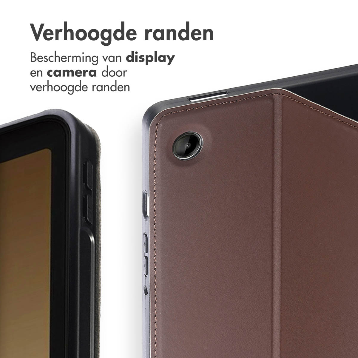 Close-up of a tablet case. Brown leather case protects a tablet. Text: Raised edges protect the display and camera.