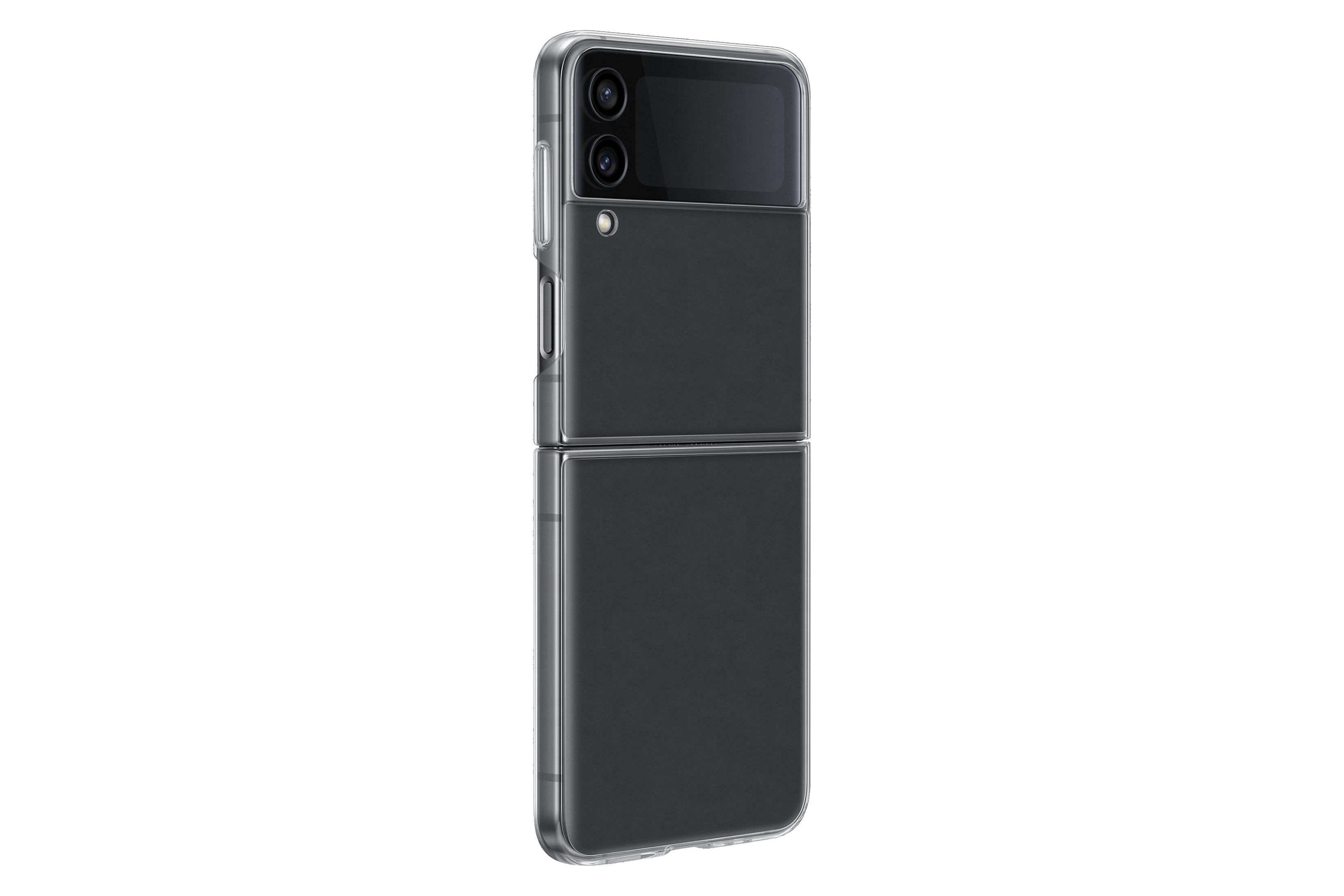 Schwarzes, zusammengeklapptes Telefon in einer durchsichtigen Hülle. Das Telefon ist geschlossen und vertikal.