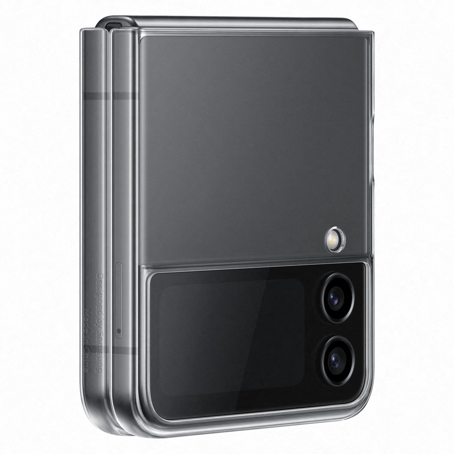 Ein silbernes, zusammengeklapptes Samsung-Telefon mit einer transparenten Hülle.