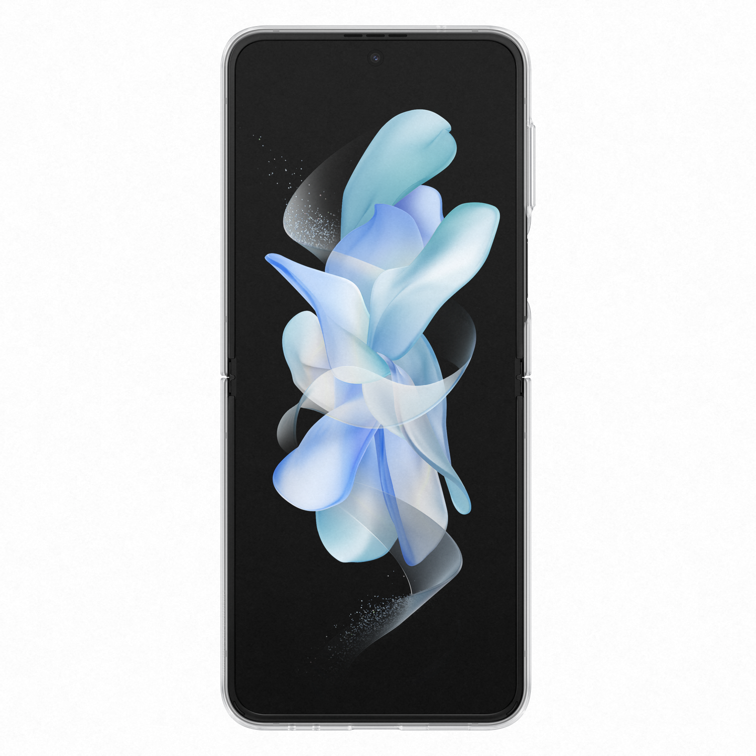 Faltbares Telefon, Bildschirm zeigt blaues und weißes abstraktes Design. Es ist weiß, geschlossen.