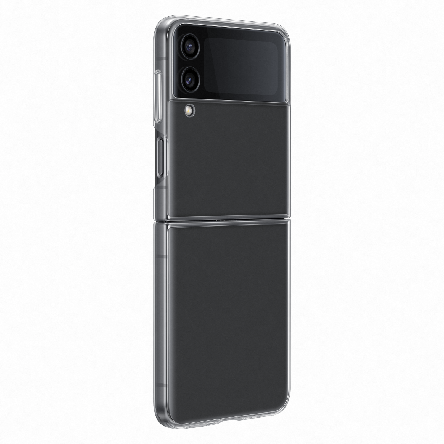 Ein zusammengeklapptes schwarzes Telefon in einer durchsichtigen Schutzhülle.