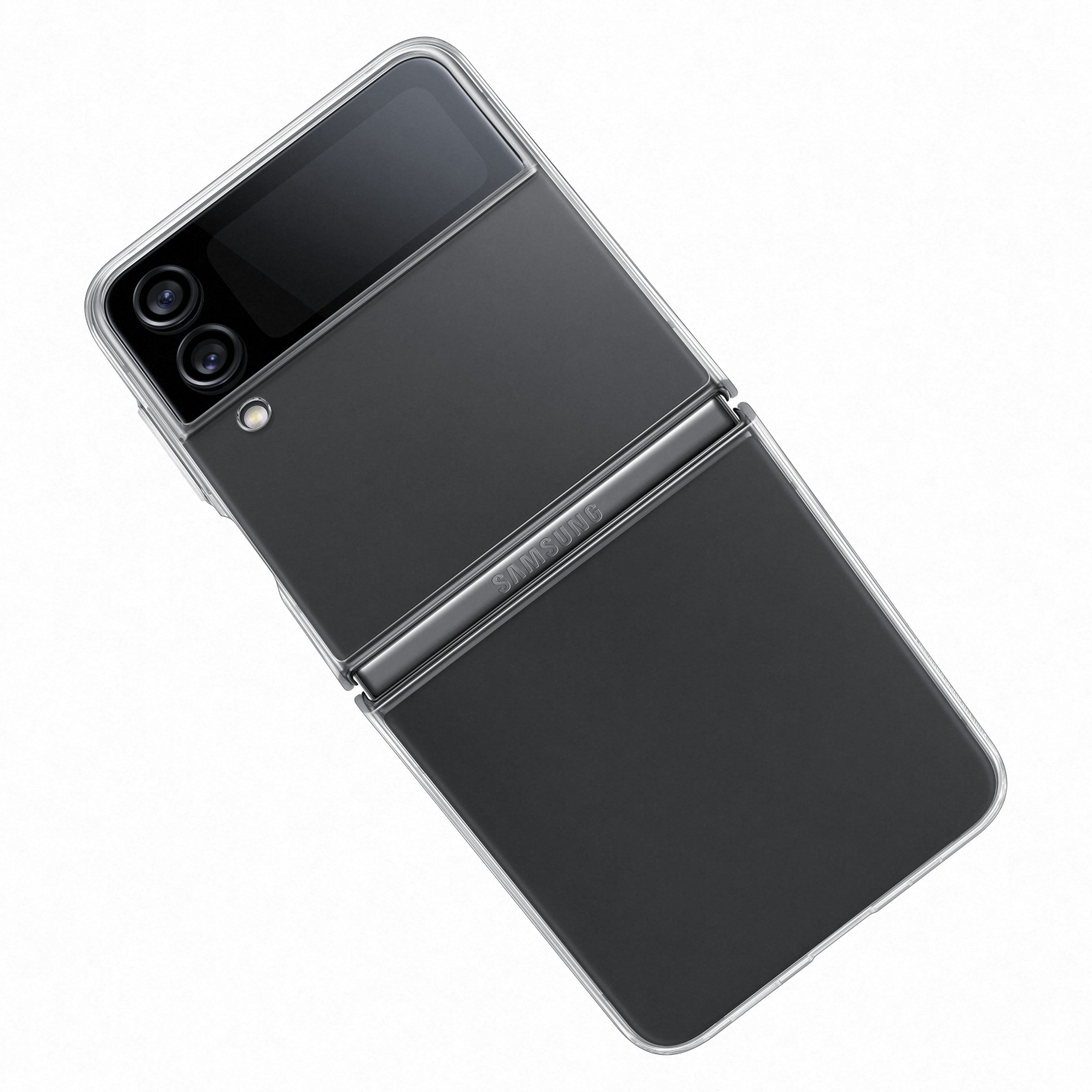 Ein zusammengeklapptes schwarzes Telefon mit einer durchsichtigen Hülle. Das Telefon ist geschlossen und zeigt die Kamera und das Samsung-Logo.