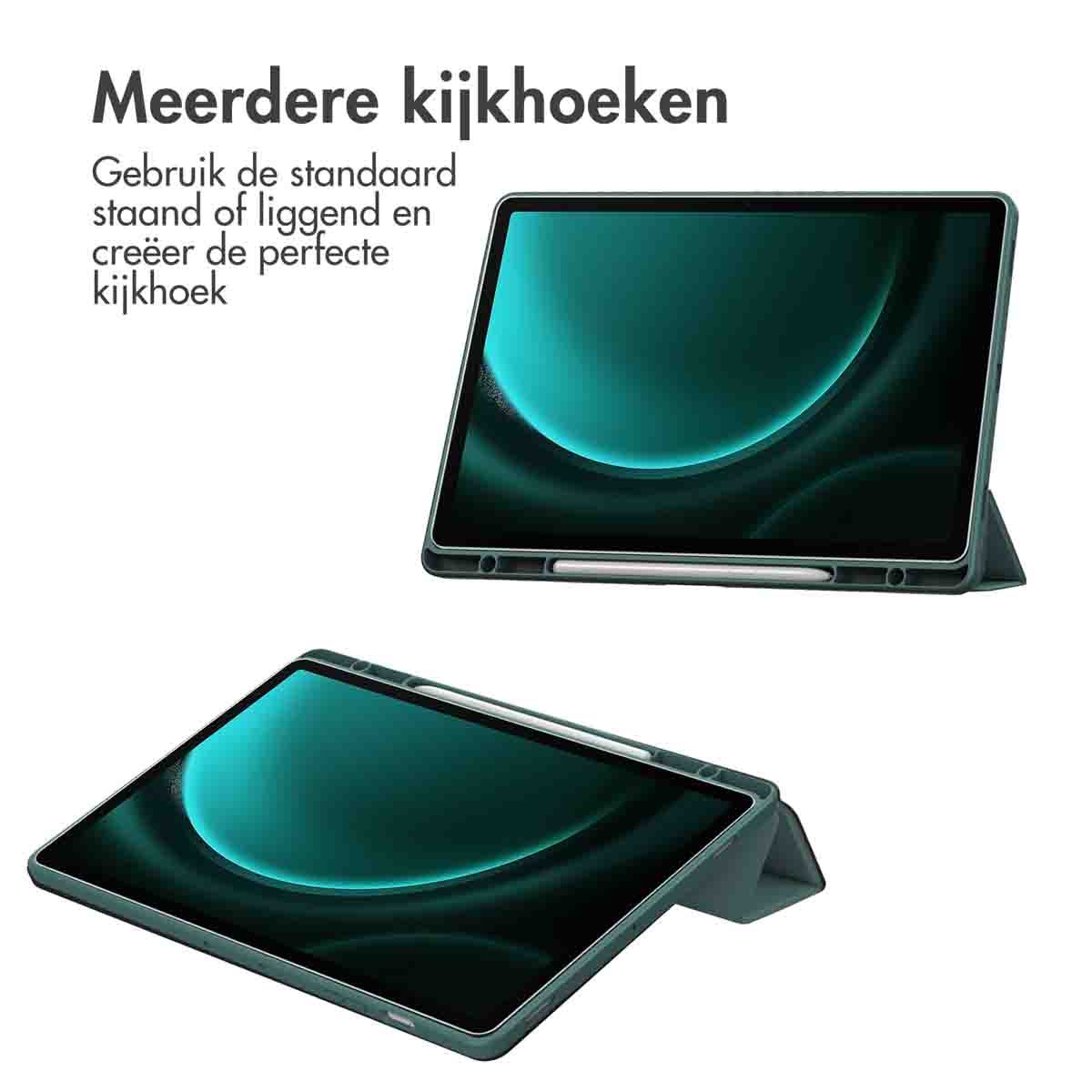 Twee tablets met groene schermen in verschillende posities, die de standfunctie van de case laten zien.