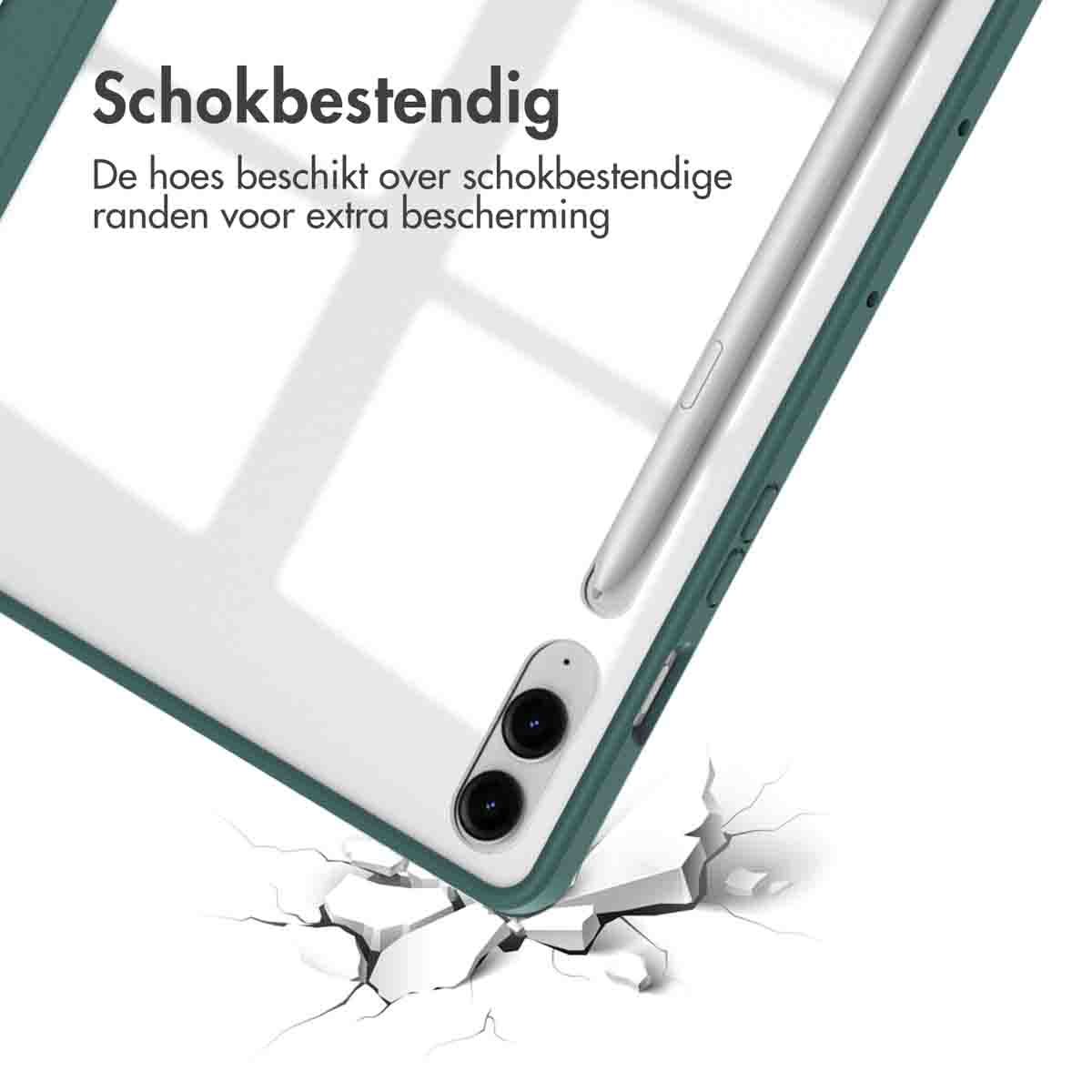 Een tablethoes met pen wordt getoond, met schokabsorberende randen, op een gebarsten oppervlak.