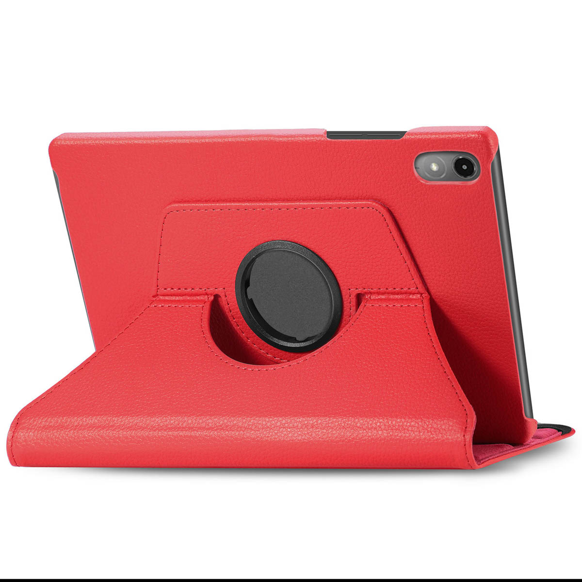 Red tablet case, folded to hold the tablet upright. Red background.