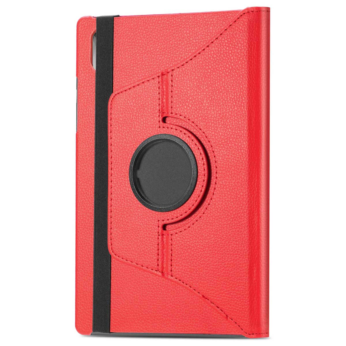 Red tablet case with a black elastic band and a central rotating circle.