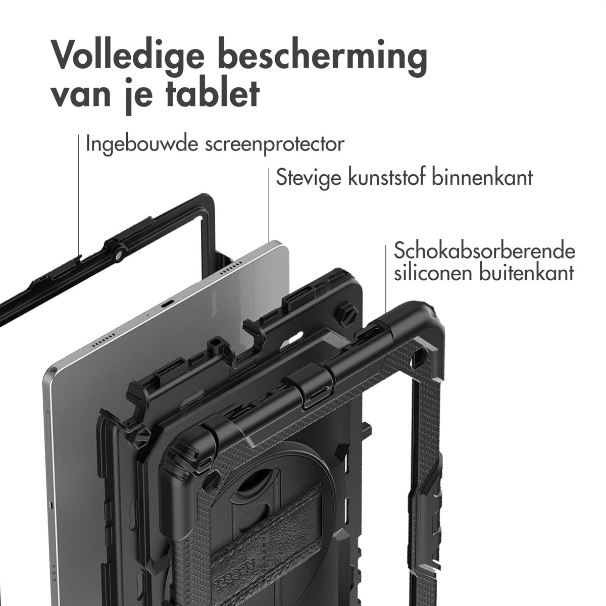 Tablet case showing layered protection: screen protector, hard plastic, and silicone.