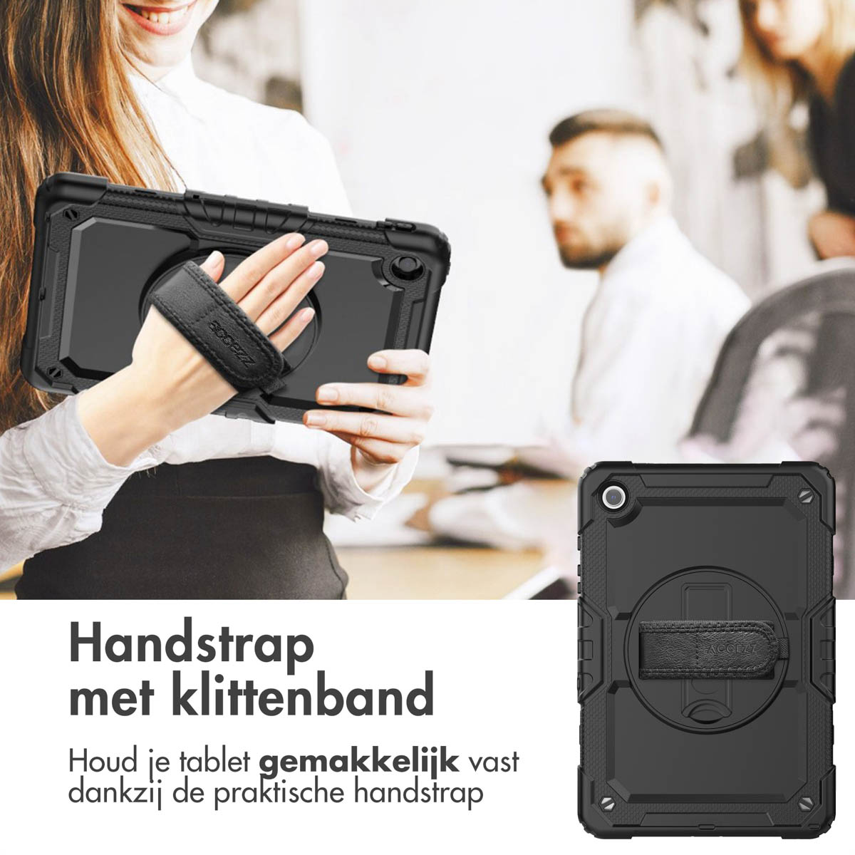Black tablet case with hand strap held by a woman. Detail shot below.