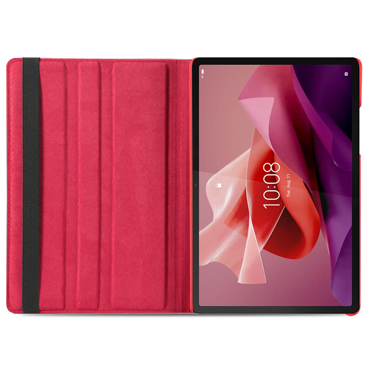 A red tablet case opened next to a tablet with a pink display on a white background.