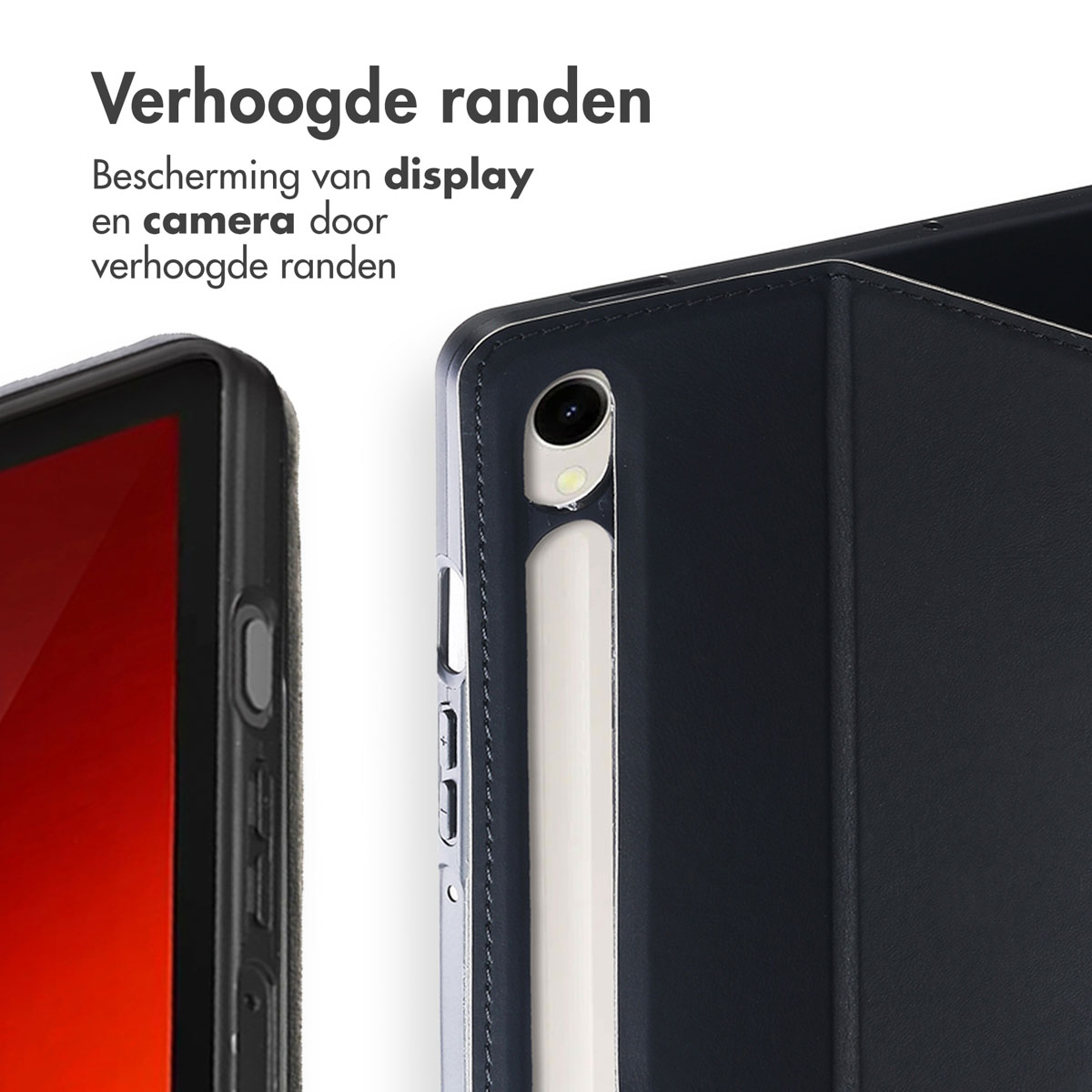 Tablethoes met verhoogde randen. Tekst zegt 'Bescherming van display en camera'.