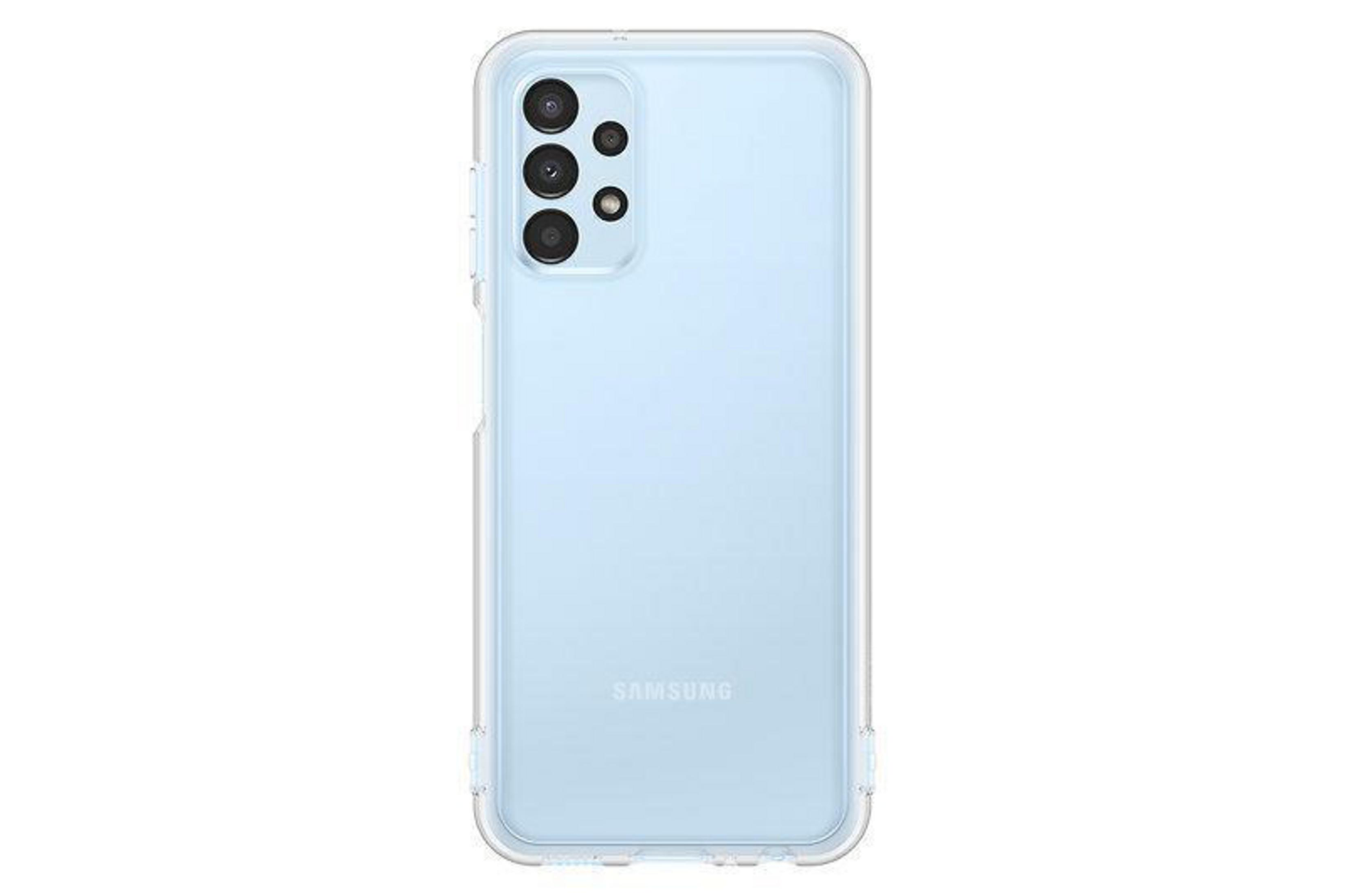 Rear view of a light blue phone with clear case. Camera lenses are visible.