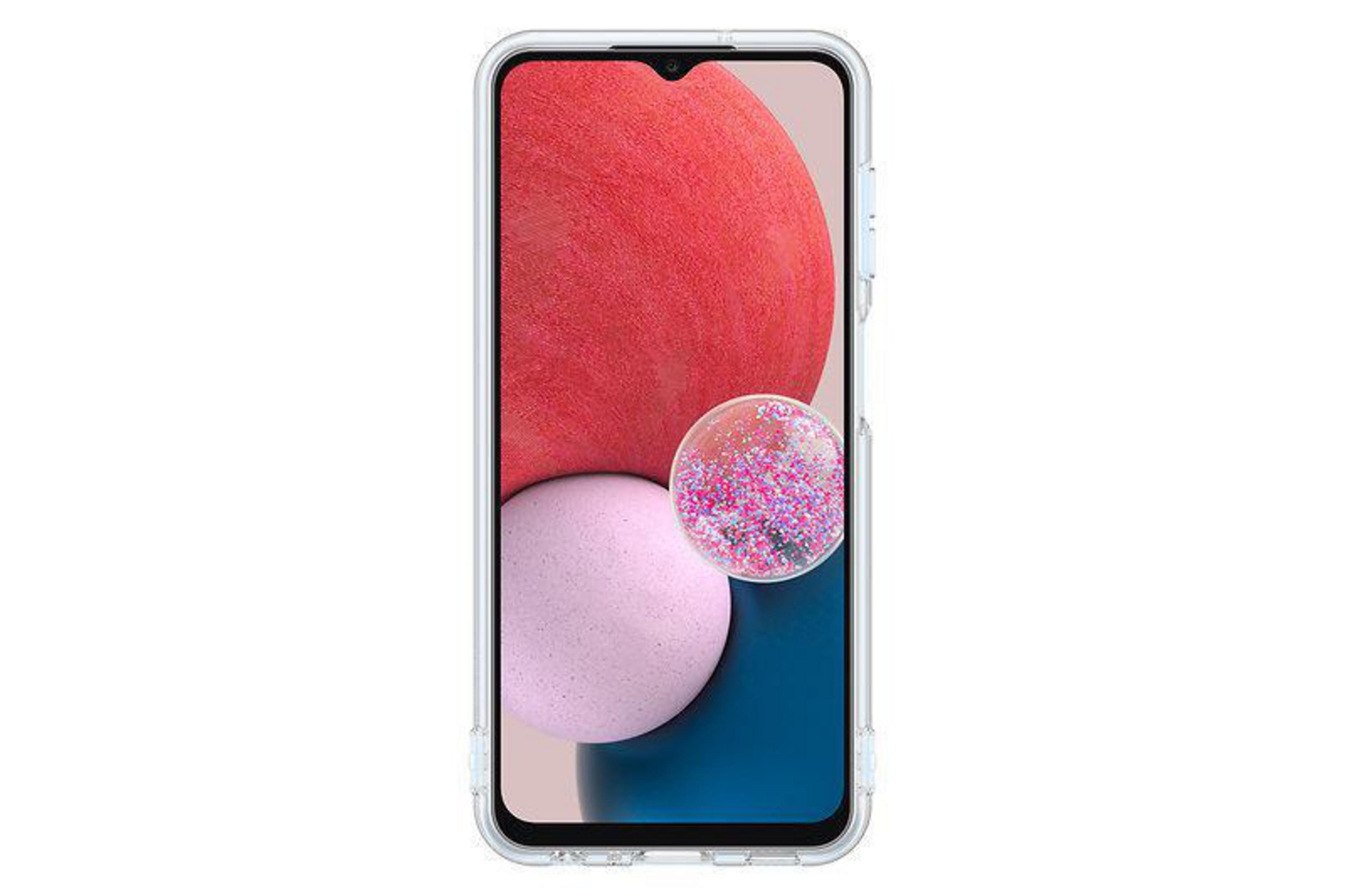 Smartphone in a clear case with a pink and purple glitter design against a white background.