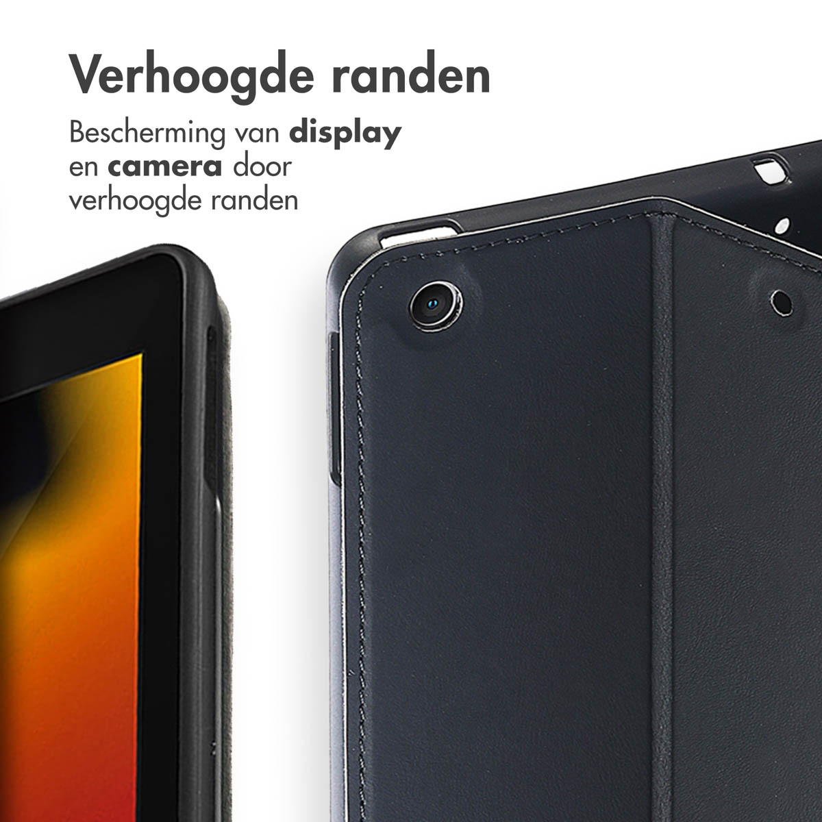 Close-up of tablet case with raised edges, protecting the display and camera.