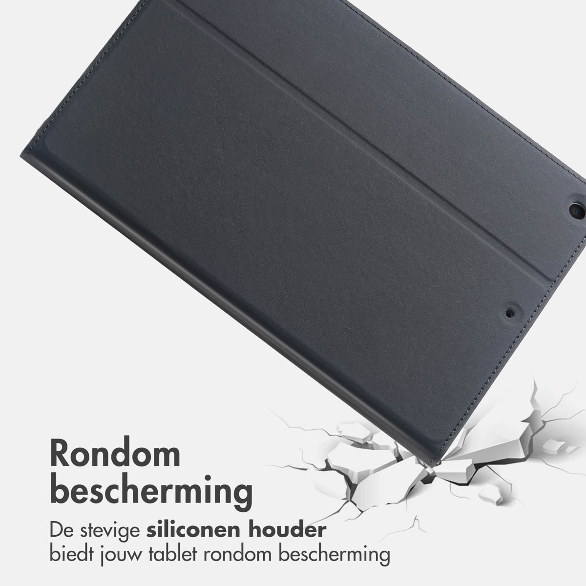 Dark grey tablet case. White cracks at the bottom right, suggesting impact protection.