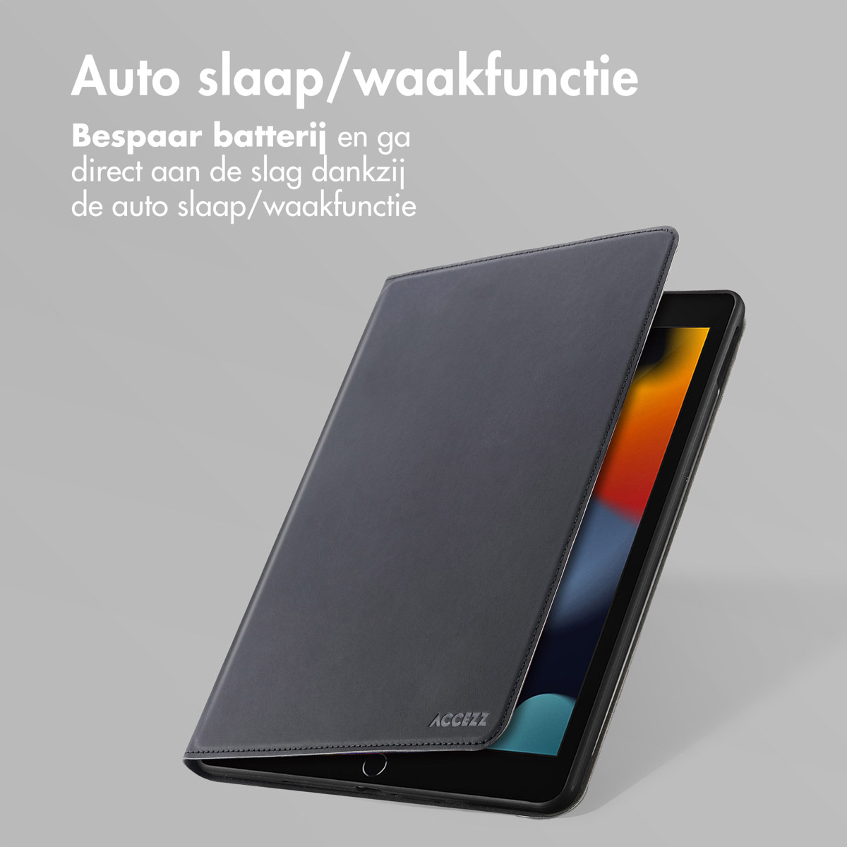 Tablet case, partially open. The tablet is black, the case is dark gray. Text: 'Auto sleep/wake function'.