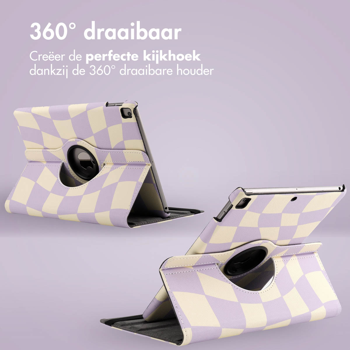 Two tablets in cases; one open, one closed. Cases are lavender and white checkered.