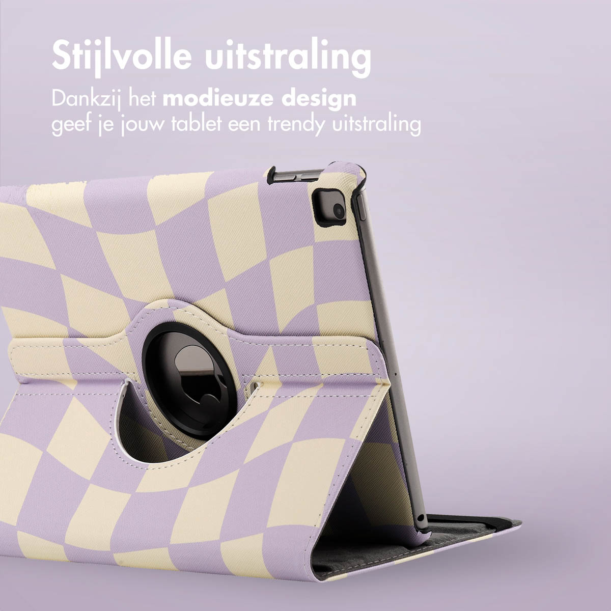 Tablet case with a checkerboard pattern, displaying a tablet with a purple background.