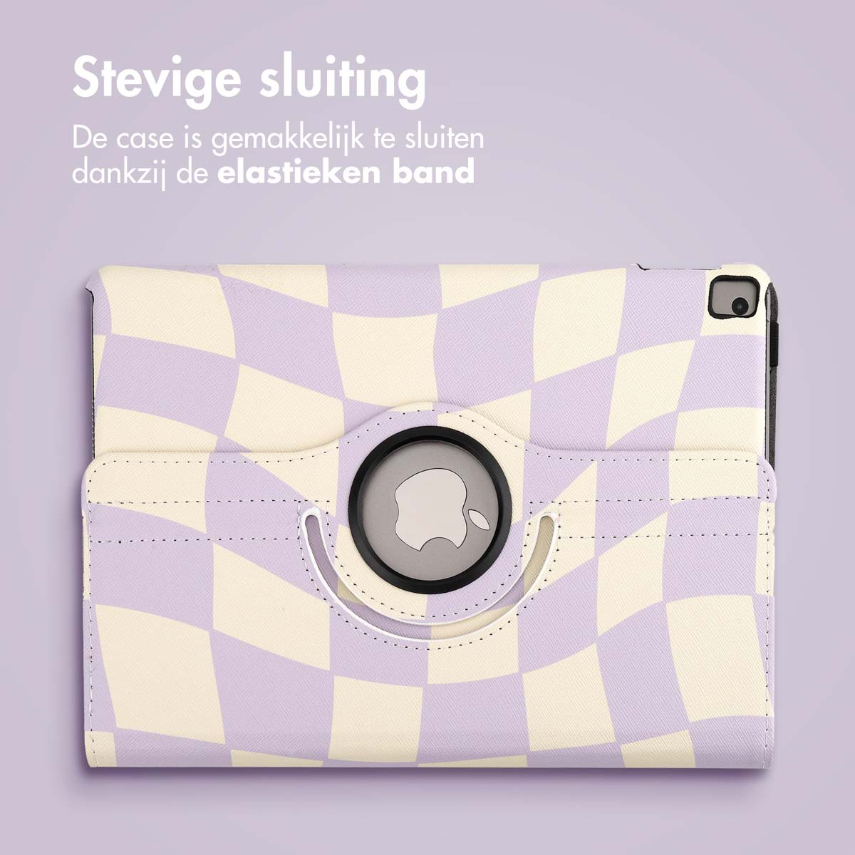Tablet case with a checkered pattern, closed with an elastic band. Text says 'Secure closure'.