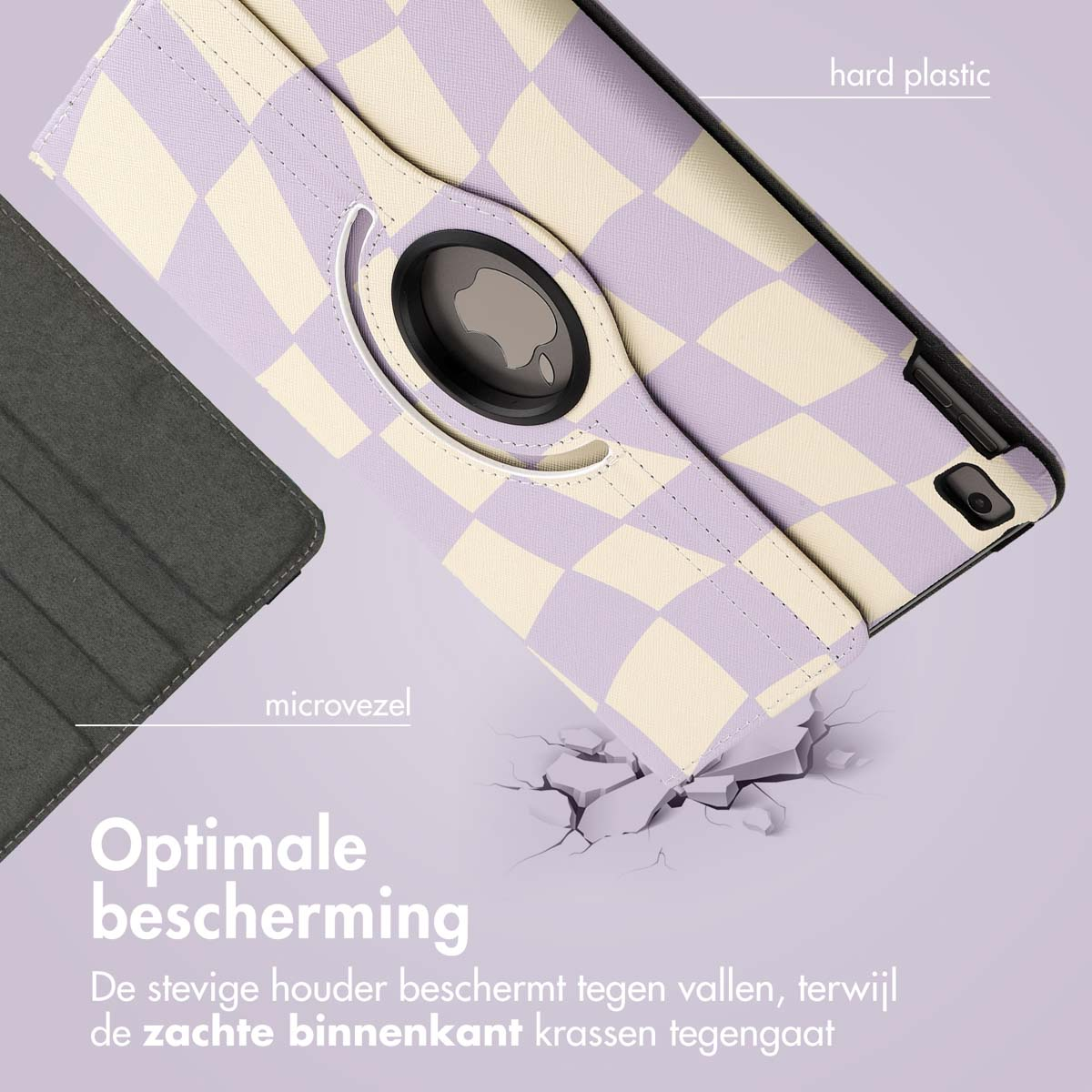 Tablet case with a purple and white checkered pattern. The back is shown.