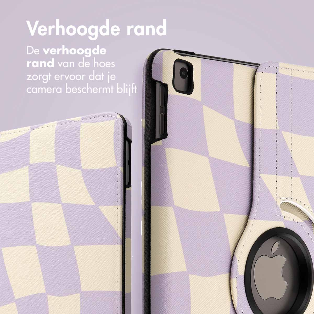 Close-up of a tablet case with checkerboard pattern. Text: Raised edge. The raised edge of the corner protects camera.