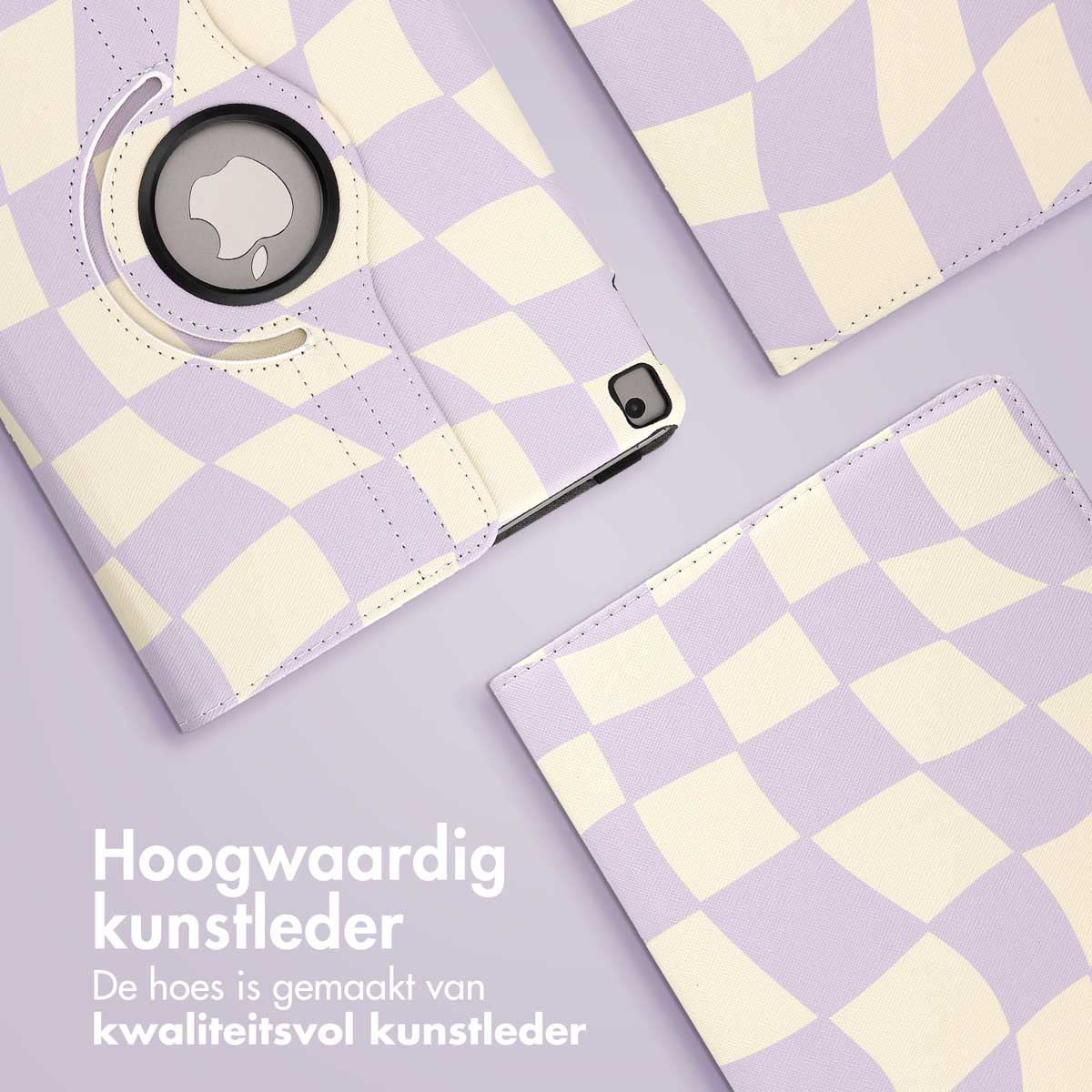 Tablet case in a checkerboard pattern of lavender and cream. The Apple logo is in the center.