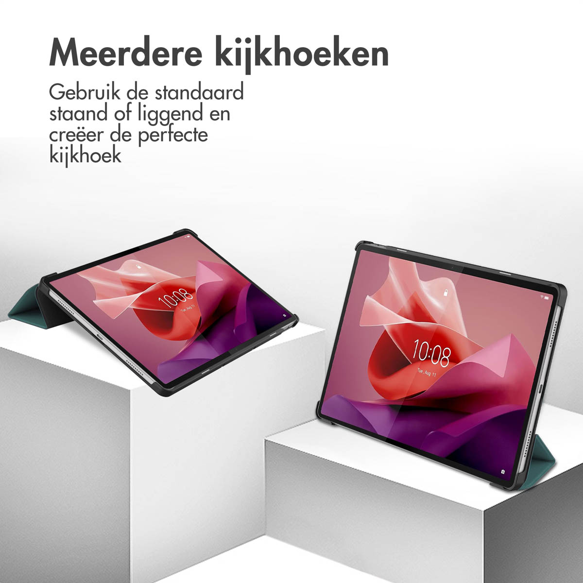 Two tablets in cases, on white blocks. Text in Dutch says "Multiple Viewing Angles".