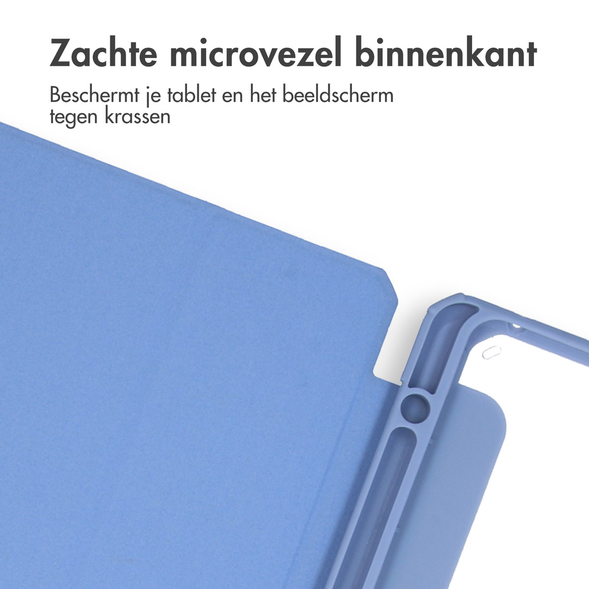 Blue tablet case interior, soft microfiber protects tablet and screen from scratches.