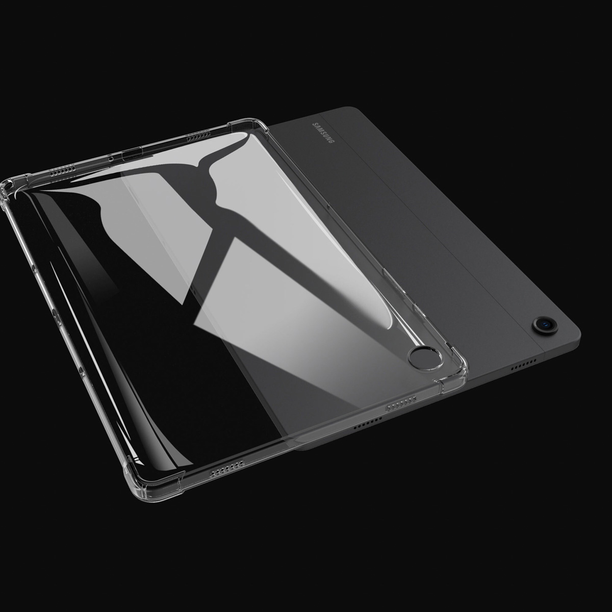 Clear tablet case on a black background, highlighting the tablet and the case's transparency.