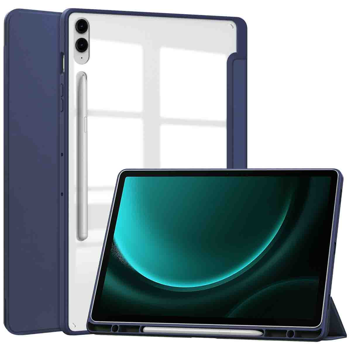 Blauwe tablethoes met een transparante achterkant. Tablet zit erin. Tekst is niet zichtbaar.