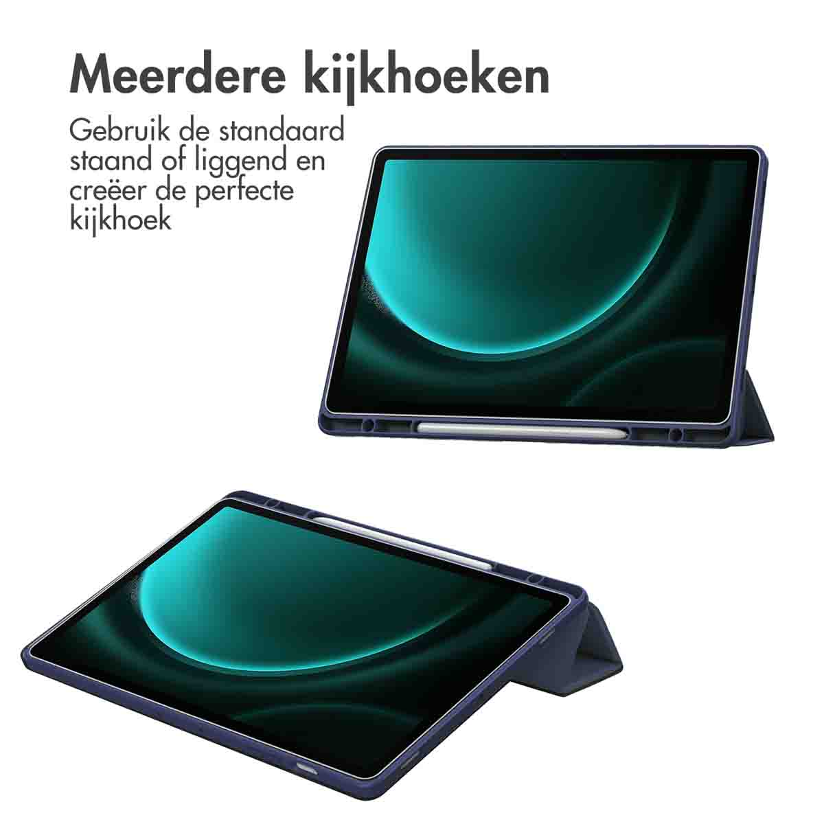 Twee tablets met groene schermen in verschillende posities, die de standfunctie van de case laten zien.