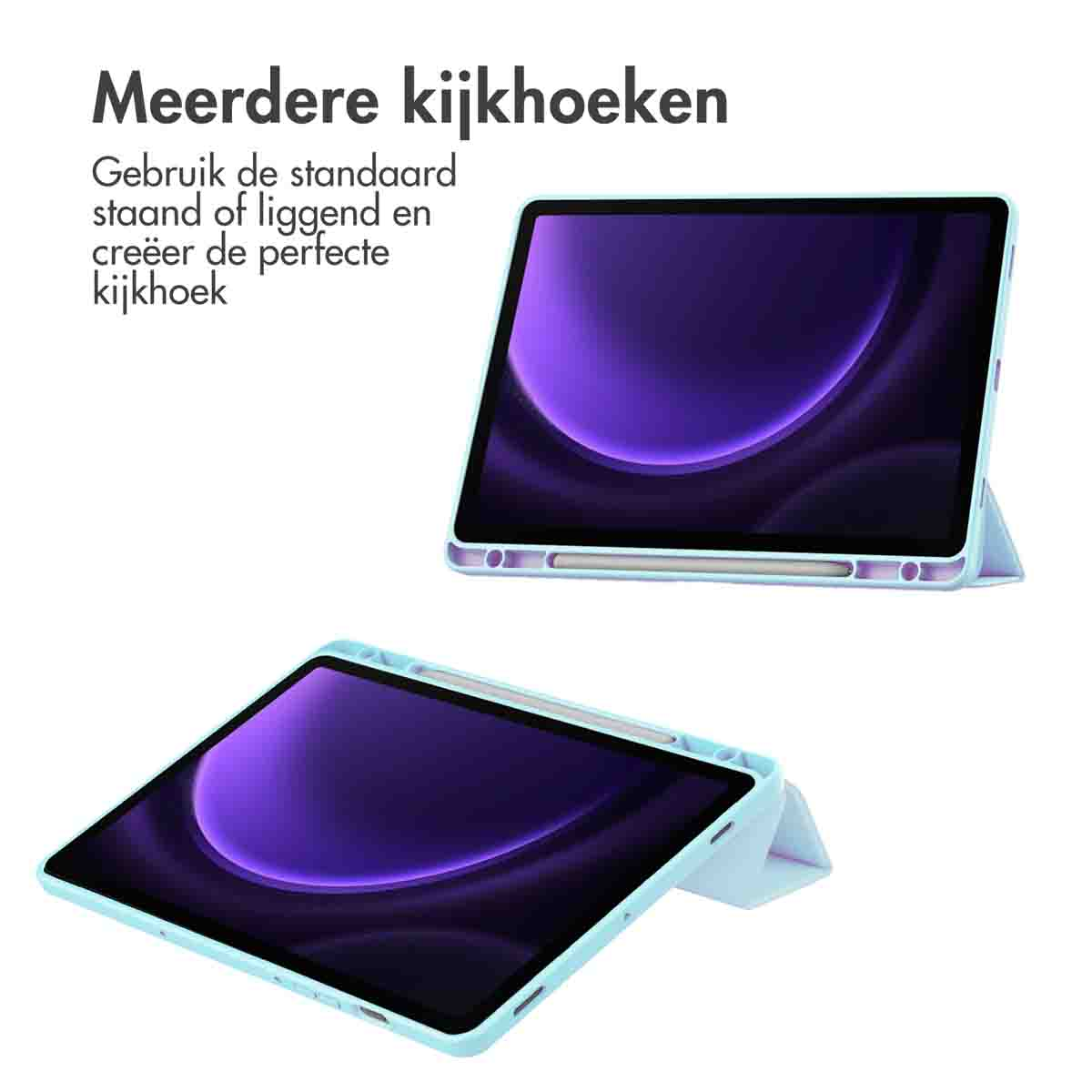 Two tablets with covers in different positions. One is upright, the other is flat, both showing the screen.
