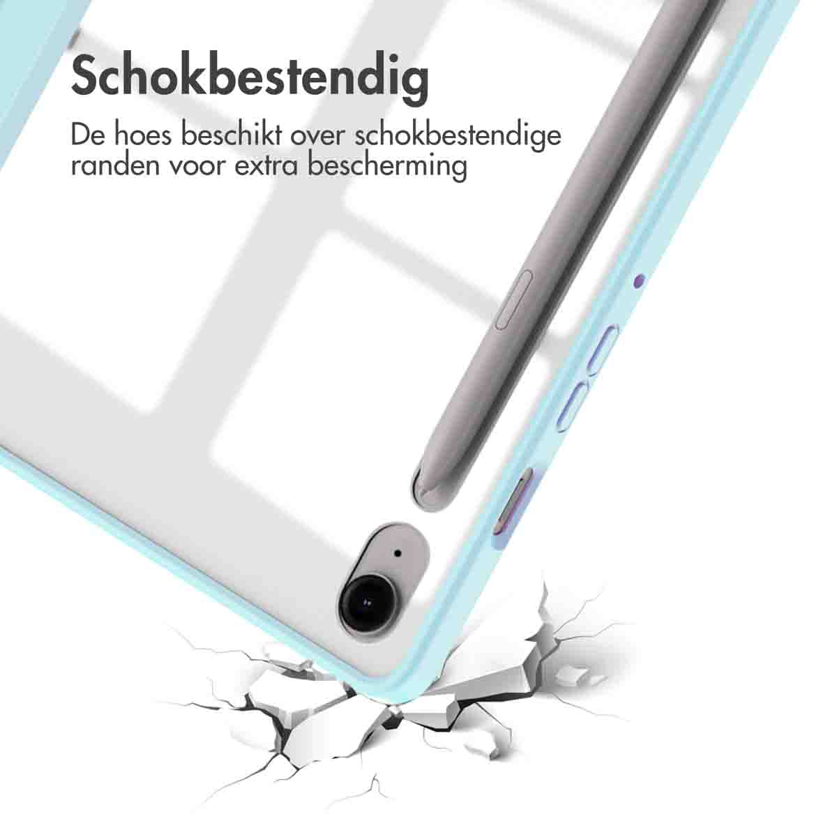 Tablet with a protective case. The case has light blue edges. White background.