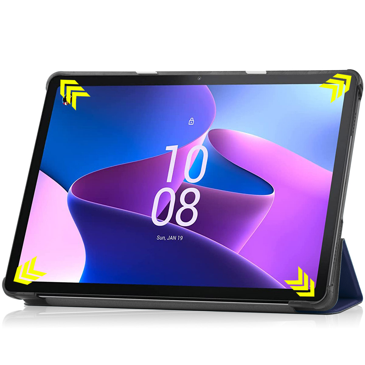 Gray tablet in a blue case, showing 10:08 time and abstract wallpaper.