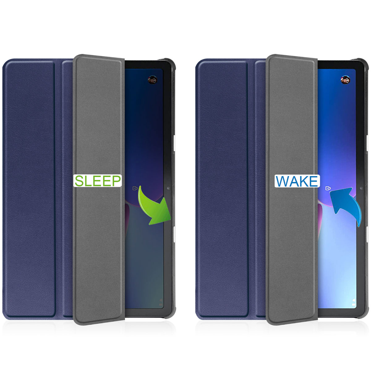 Two tablets in blue covers, one shows 'SLEEP', the other 'WAKE'.
