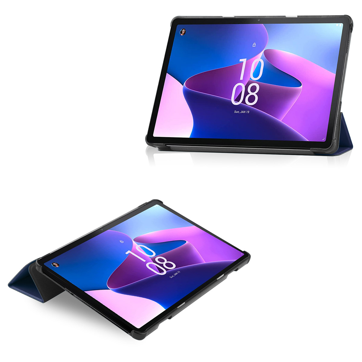 Two angled tablets with a black frame and a blue case. The screen displays the time.
